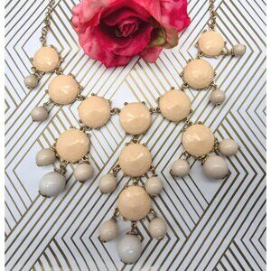 Statement Gold Tone Bubble Necklace Neutral Cream Faceted Bead Rolo Chain 24"